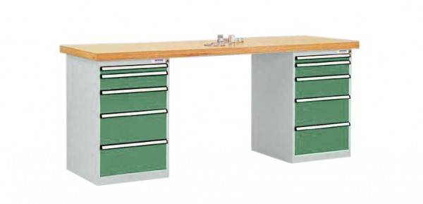 Manuflex Werkbanksystem COMBI, 2 Gehäuse Modell 1 mit massiver Bucheplatte, BxTxH = 2000 x 700 x 840 mm, Resedagrün, TP5092.6011