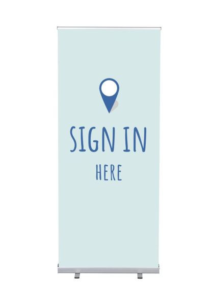 Showdown Displays Roll-Banner Budget 85 Komplettset Hier Anmelden Blau Englisch, RBB085LSFI353