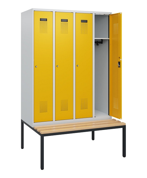 C+P Spind Evolo PLUS, 4 Abteile, 1950x1200x815mm, 7035/1004, Zylinderschloss, Sitzfläche Buche-Hartholz, Sitzbank, 0490505-40 S10019