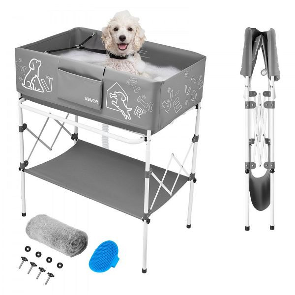 VEVOR 100L Erhöhte Hundebadwanne mit Metallgestell, Abfluss, Lagerregal & Seitentasche, Faltbar, Grau, GJRQCWYGHSKZRTXL7001V0