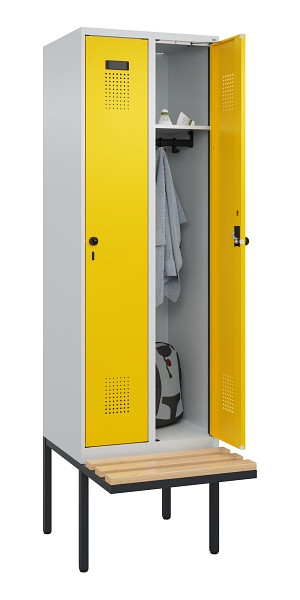 C+P Spind Evolo PLUS, 2 Abteil, 2120x600x815mm, 7035/1023, Drehriegel, Sitzfläche Holz, 0490407-20 S10001