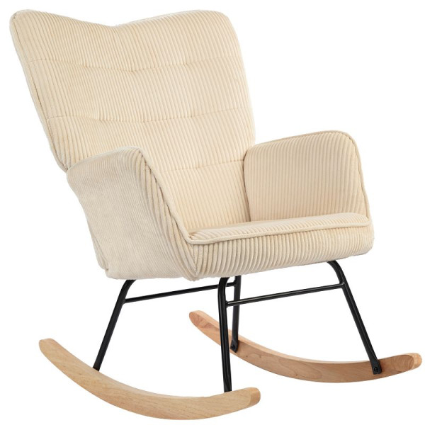 HOMCOM Vintage Schaukelstuhl, geschwungene Kufen, dicke Polsterung, Buchenholz & Stahl, Beige, 839-613V02BG