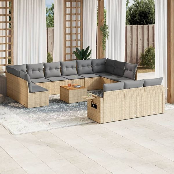 vidaXL 14-teilig Garten-Sofagarnitur mit Kissen Beige Poly Rattan, 3224806