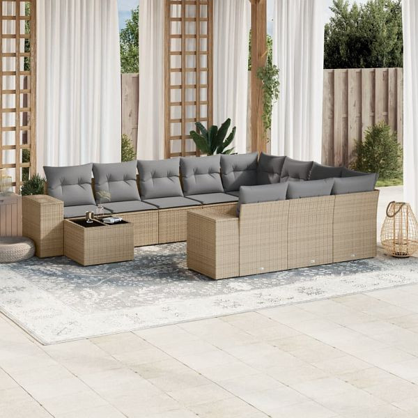 vidaXL 11-teilig Garten-Sofagarnitur mit Kissen Beige Poly Rattan, 3255466