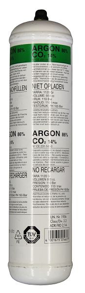 ELMAG Einwegflasche Mischgas Ar 86% / Co2 14%, 1 L / 110 bar, Höhe: 310 x Ø 73mm, 54100