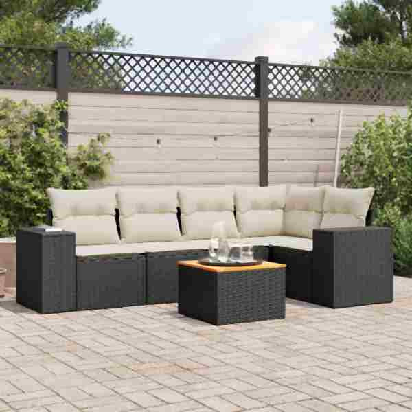 vidaXL 6-tlg. Garten-Sofagarnitur mit Kissen Schwarz Poly Rattan, UV-beständig, 3225433
