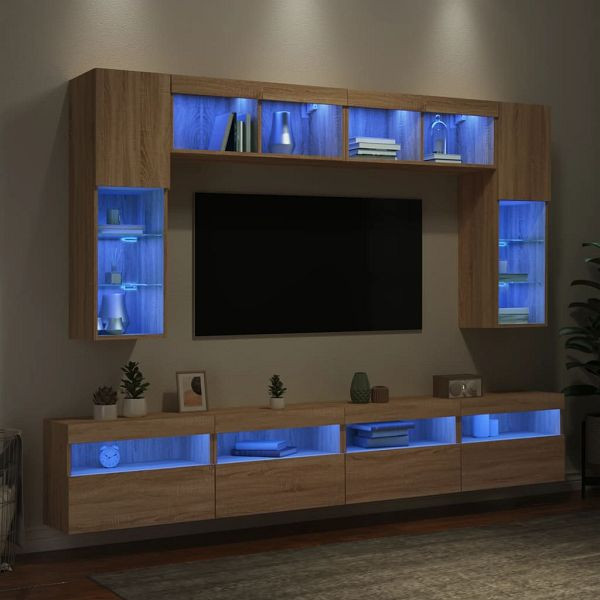 vidaXL 8-tlg. TV-Wohnwand mit LED-Leuchten Sonoma-Eiche, 3216766