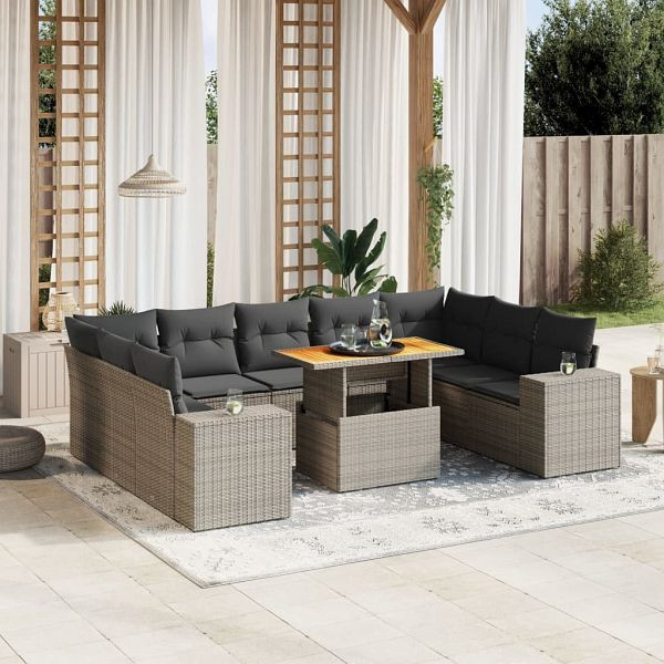 vidaXL 10-tlg. Garten-Sofagarnitur mit Kissen Grau Poly Rattan, 3272782