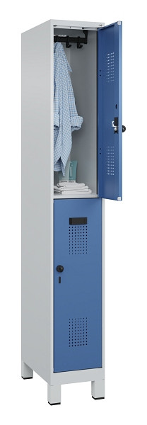 C+P Doppelstöckiger Spind Evolo PLUS, mit Füßen, 2 Fächer, 1950x300x500mm, 7035, Frontfarbe RAL 5023 Fernblau, Drehriegel, 049310-10 S10008