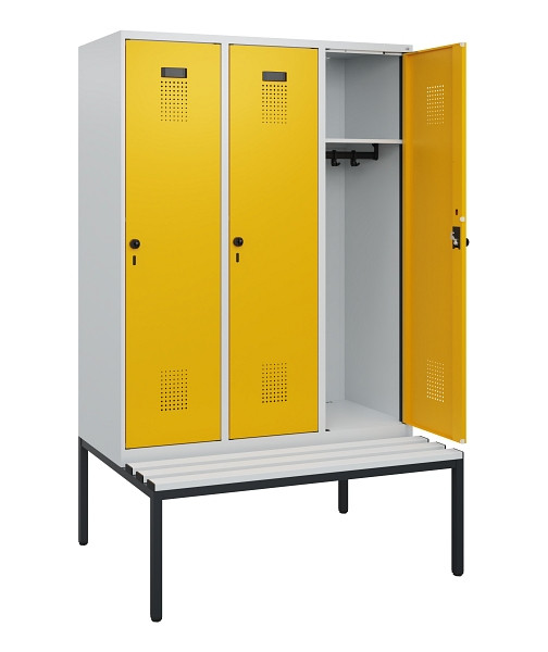 C+P Spind Evolo PLUS, 3 Abteile, 1950x1200x815mm, 7035/1004, Drehriegel, Sitzfläche Kunststoff, Sitzbank, 0490505-32 S10054