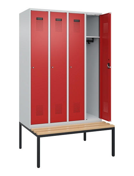 C+P Spind Evolo PLUS, 4 Abteile, 2120x1200x815mm, 7035/3000, Haken 3, Zylinderschloss, Sitzfläche Buche-Hartholz, Sitzbank, 0490507-40 S10030