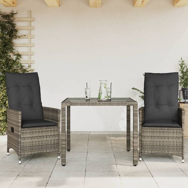 vidaXL 3-teilig Bistro-Set mit Kissen Grau Poly Rattan, 3276735