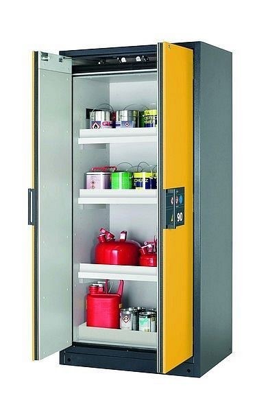 asecos Sicherheitsschrank Q-CLASSIC-90, Q90.195.090 in sicherheitsgelb RAL 1004 mit 3x Wannenboden Standard (Polypropylen), 30041-040-30051