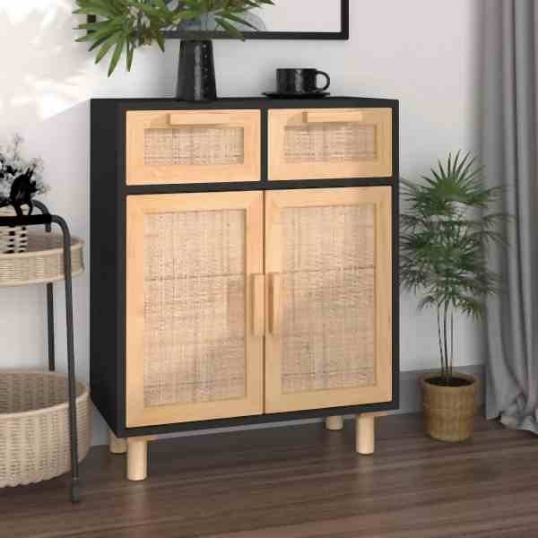 vidaXL Sideboard Schwarz 60x30x75cm Massivholz Kiefer und Natur-Rattan, 345637