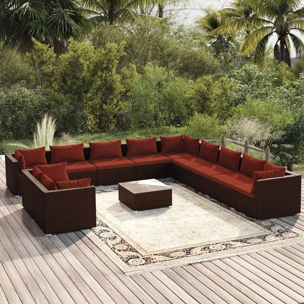 vidaXL 12-teilig Garten-Lounge-Set mit Kissen Braun Poly Rattan, 3102539