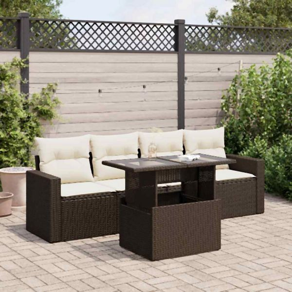 vidaXL 5-tlg. Garten-Sofagarnitur mit Kissen Braun Poly Rattan, 3326244