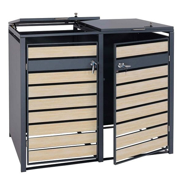 Mendler 2er Mülltonnenverkleidung HWC-J81, Mülltonnenbox, erweiterbar, Metall 50kg, anthrazit, Buche-Holzoptik hellbraun, 83351+83352