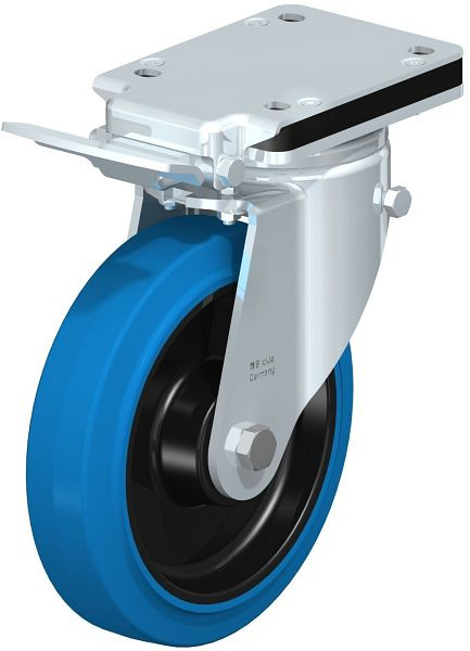 Blickle LH-POEV 200KD-IS-SB Stahlblech-Lenkrolle, Schwerlast-Ausführung, mit Anschraubplatte & Feststeller, Elastik-Vollgummi, Blau, 851883