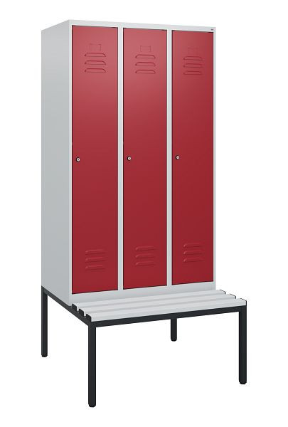 C+P Umkleidespind Classic PLUS, mit untergebauter Sitzbank, 3 Abteile, 1950x900x815mm, 7035/3003, Zylinderschlösser, 0800505-30 S10046