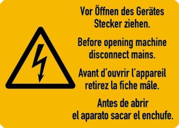 Schilder Klar Maschinenkennzeichnung Vor Öffnen des Gerätes Stecker ziehen (4-sprachig), 105x74 mm, Rolle á 500 Stück, Folie selbstklebend, 7545/92
