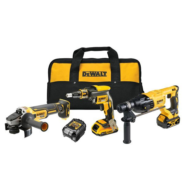 DeWalt 18V XR Akku-Kombopack mit Schnellschrauber, Kombihammer, Winkelschleifer, 1x Akku (18 Volt / 2,0 Ah), 1x Akku (18 Volt / / 4,0 Ah), DCK308DM-QW