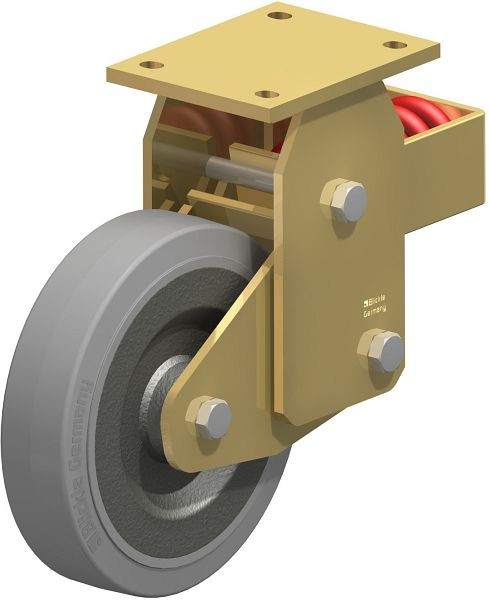 Blickle BSFN-SE 200K-SG Stahlgeschweißte Schwerlast-Bockrolle mit Stahlfeder, Elastik-Vollgummi, Grau, 413435