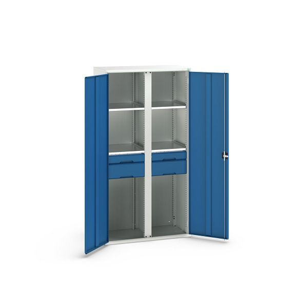 bott verso Flügeltürschrank mit Schubladen, mit 4 Fachböden und 4 Schubladen, BxTxH: 1050 x550 x 2000 mm, Lichtgrau / Enzianblau, 16926582.11