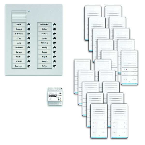 TCS Türkontrollsystem audio:pack UP für 20 Wohneinheiten, mit Außenstation PUK 20 Klingeltasten 2-spaltig, 20x Freisprecher ISW5031, Steuerung, PAUF202/001