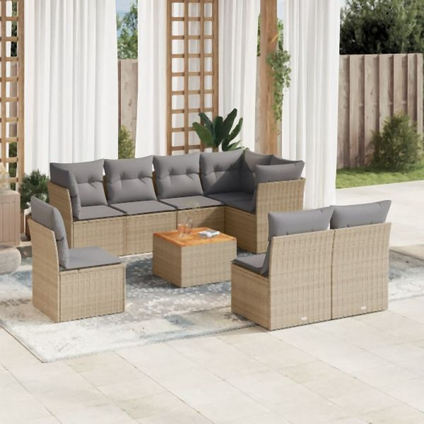 vidaXL 9-tlg. Garten-Sofagarnitur mit Kissen Beige Poly Rattan, 3256073