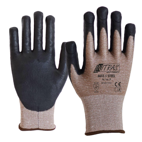NITRAS STEEL, Handschuhe mit hochem Stich- und Schnittschutz, braun, schwarze PU-Beschichtung auf Innenhand & Fingerkuppen, Größe: 9, VE: 50 Paar, 6655-9