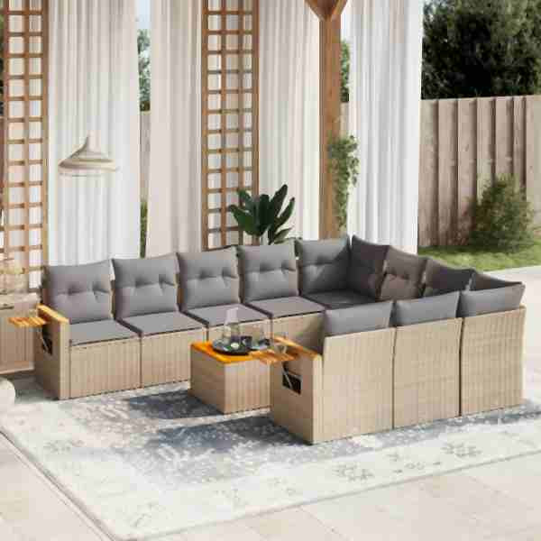 vidaXL 11-tlg. Garten-Sofagarnitur mit Kissen Beige Poly Rattan, UV-beständig, 3259588