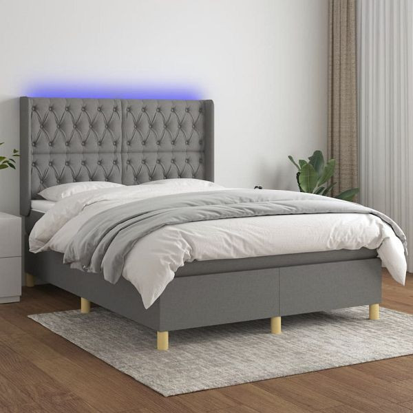 vidaXL Boxspringbett mit Matratze & LED Dunkelgrau 140x200 cm Stoff, 3139118