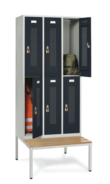 Deskin Doppelstöckiger Spind mit Sitzbank, Anthrazit RAL 7021, 870 x 800 x 2050 mm, 6 Abteile, Korpus: Lichtgrau RAL 7035, 331505