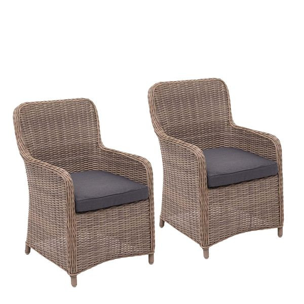 Mendler 2er-Set Poly-Rattan Stuhl HWC-E98, Rattanstuhl Gartenstuhl Korbsessel, Spun Poly halbrundes Rattan beige Kissen grau, 69084