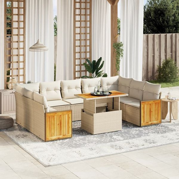 vidaXL 10-tlg. Garten-Sofagarnitur mit Kissen Beige Poly Rattan, 3274103