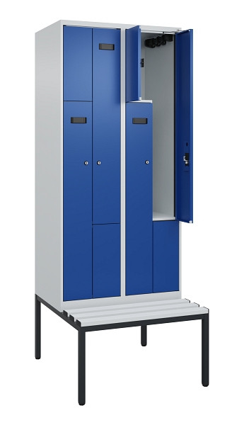 C+P Z-Spind Evolo PLUS, Bank, 4 Fächer, 2120x800x815mm, 7035/5010, Zylinderschloss, Sitzfläche Kunststoff, Sitzbank, 0490537-224 S10086