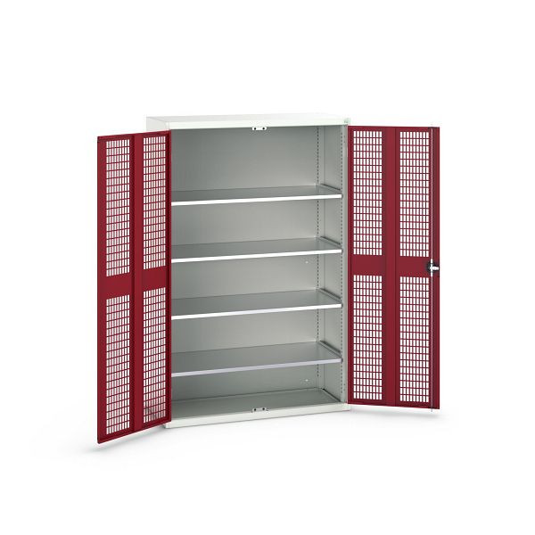 bott verso Flügeltürschrank mit Belüftung, mit 4 Fachböden, BxTxH: 1300 x 550 x 2000 mm, Lichtgrau / Purpurrot, 16926783.24