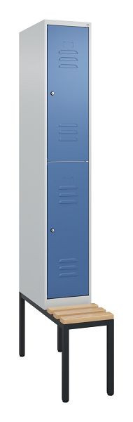 C+P Doppelstöckiger Spind Classic PLUS, 2120x300x815mm, 7035/5023, Zylinderschlösser, Sitzleisten aus Buche, mit untergebauter Sitzbank, 0803507-10 S10095