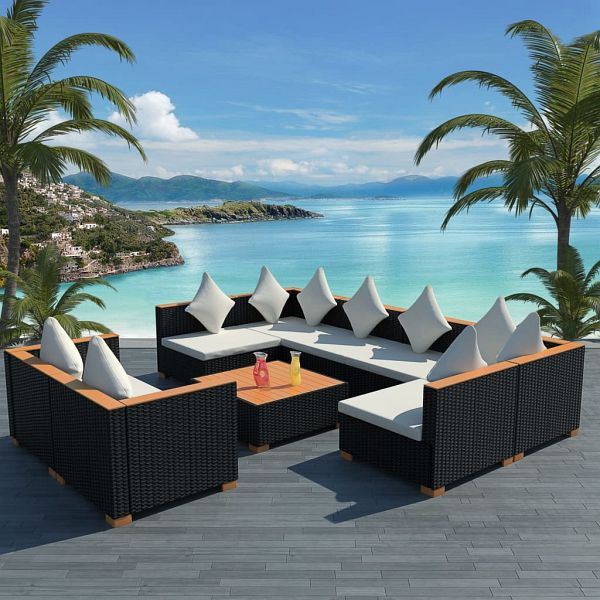 vidaXL 9-teilig Garten-Lounge-Set mit Auflagen Poly Rattan Schwarz, 42752