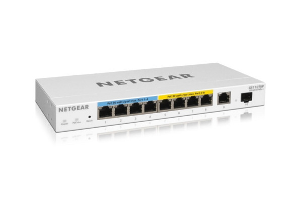 Netgear Gigabit Switch, 10 Ports, smart managed, PoE++, 240W, 2x Gigabit Fiber, Layer2+, GS110TUP-100EUS