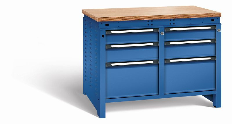 Otto Kind Werkbank Serie function Typ 215, Multiplexplatte 40 mm, bündig, 2x Unterbau + Zentralverschluss, komplett RAL 5010, 072345113