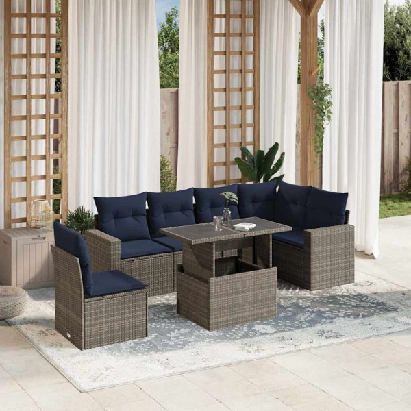 vidaXL 7-teiliges Gartensofa-Set mit Kissen, grau, Polyrattan, 3267311
