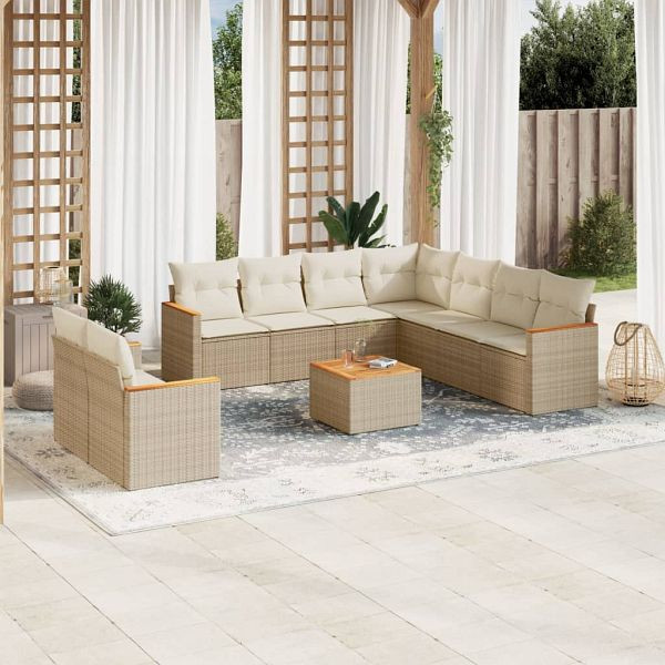 vidaXL 10-teilig Garten-Sofagarnitur mit Kissen Beige Poly Rattan, 3226107
