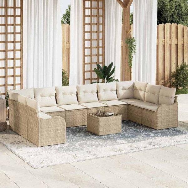 vidaXL Garten-Sofa-Set mit Kissen, 11er Set, Beige Poly Rattan, 3345891
