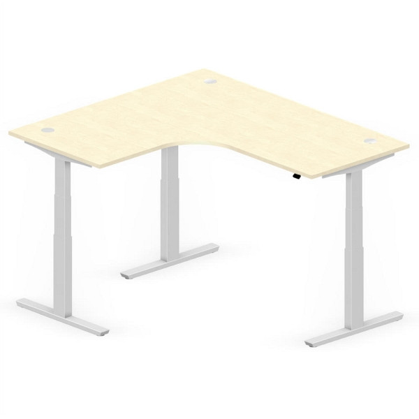 Deskin XXL Sitz-/ Stehschreibtisch Jumbo MULTI M, Ahorndekor, T-Fuß-Stahlgestell in Alusilber RAL 9006, linksseitig geformt, 295098