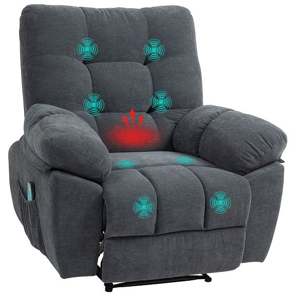 HOMCOM Recliner-Sessel, Massage-Polstersessel mit 8 Vibrationspunkten, verstellbare Fußstütze, Seitentasche, Lehnsessel, Grau, 700-179V90CG