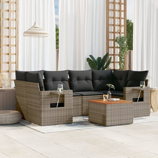 vidaXL 7-teilig Garten-Sofagarnitur mit Kissen Grau Poly Rattan, 3224464