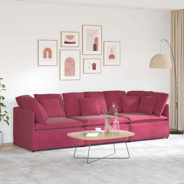 vidaXL Modulares Sofa mit Kissen Samt Weinrot, 3321283, 8721158642974