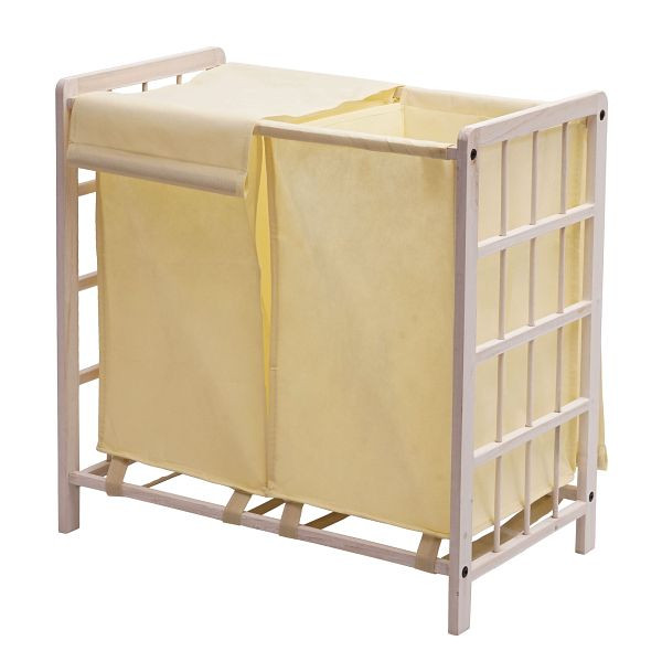 Mendler Wäschesammler HWC-B60, Laundry Wäschebox Wäschekorb, Massiv-Holz 2 Fächer 60x60x33cm 68l, shabby weiß, Bezug creme, 75534