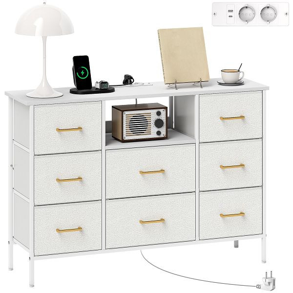 HOMCOM Kommode, Aufbewahrungsschrank mit 8 Schubladen aus Stoff, Steckdosenleiste, Stahlrahmen, Schubladenschrank für Flur, 831-979V90CW